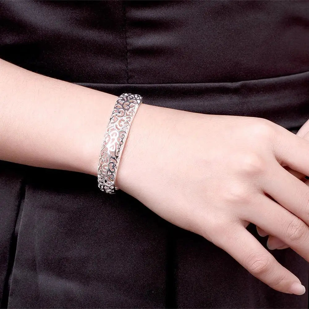Fine 925 Sterling Silver Hollow Pattern Bangles Bracelets Adjustable