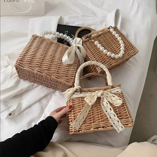 Handwoven Straw Tote Bag with Pearl Handle