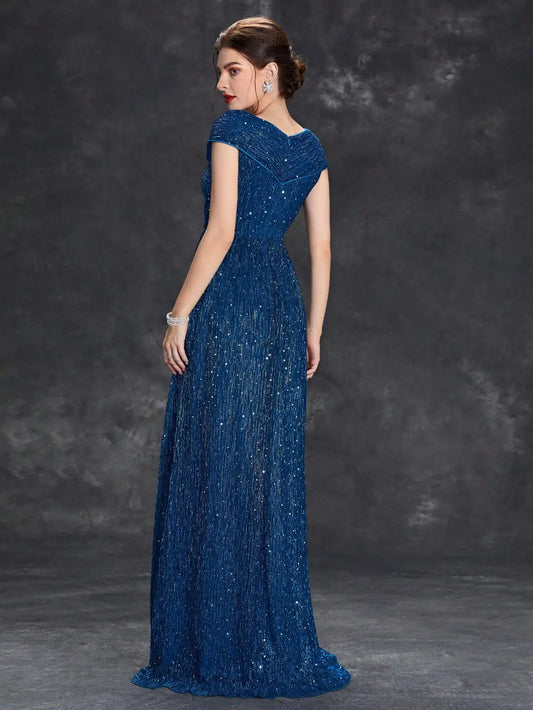 V-Neck Mesh Sleeve Ball Gown