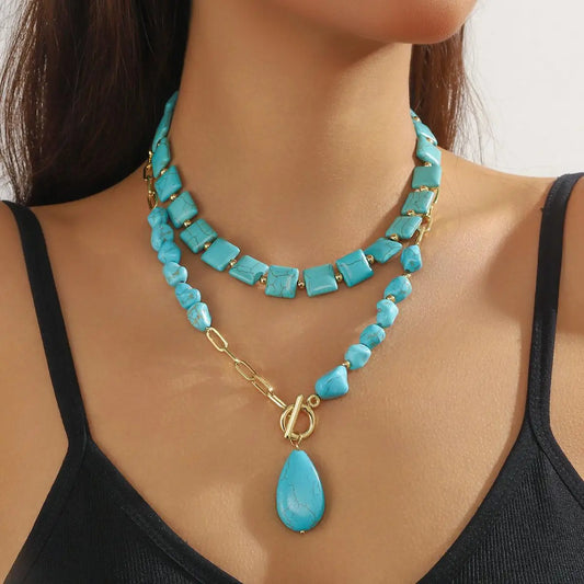 Natural Turquoise Beaded Teardrop Necklace