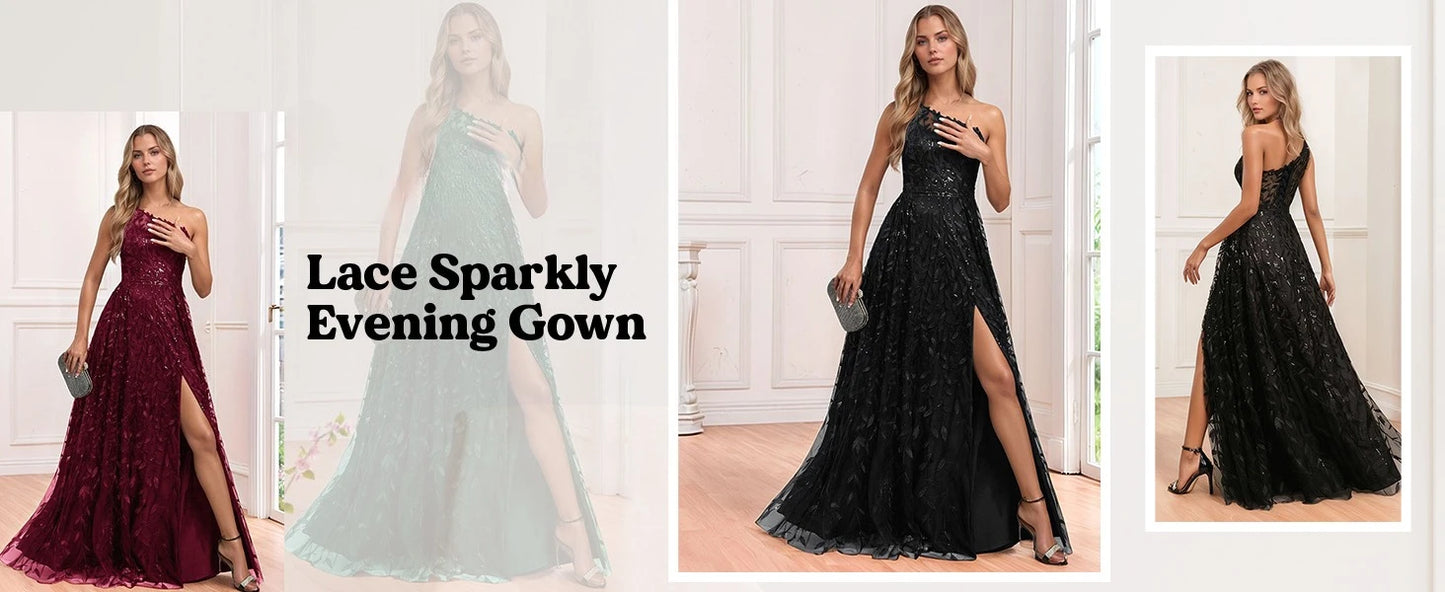 One Shoulder Lace Prom Dress with Slit