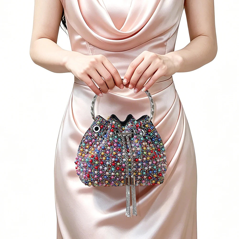 Multicolor Rhinestone Pearl Bucket Bag  luxury bags designers Ring Handle Drawstring Handle Evening Clutch For Wedding Party
