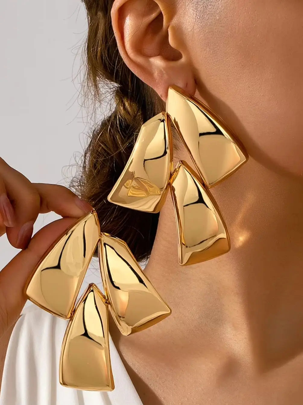 Shiny Polished Three-Layer Trapezoidal Gold Dangle Earrings for Women, Geometric Multi-Piece Splicing Earrings, Minimalist Trendy Party Statement Jewelry