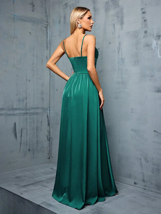 Deep V Sequin Slit Evening Gown
