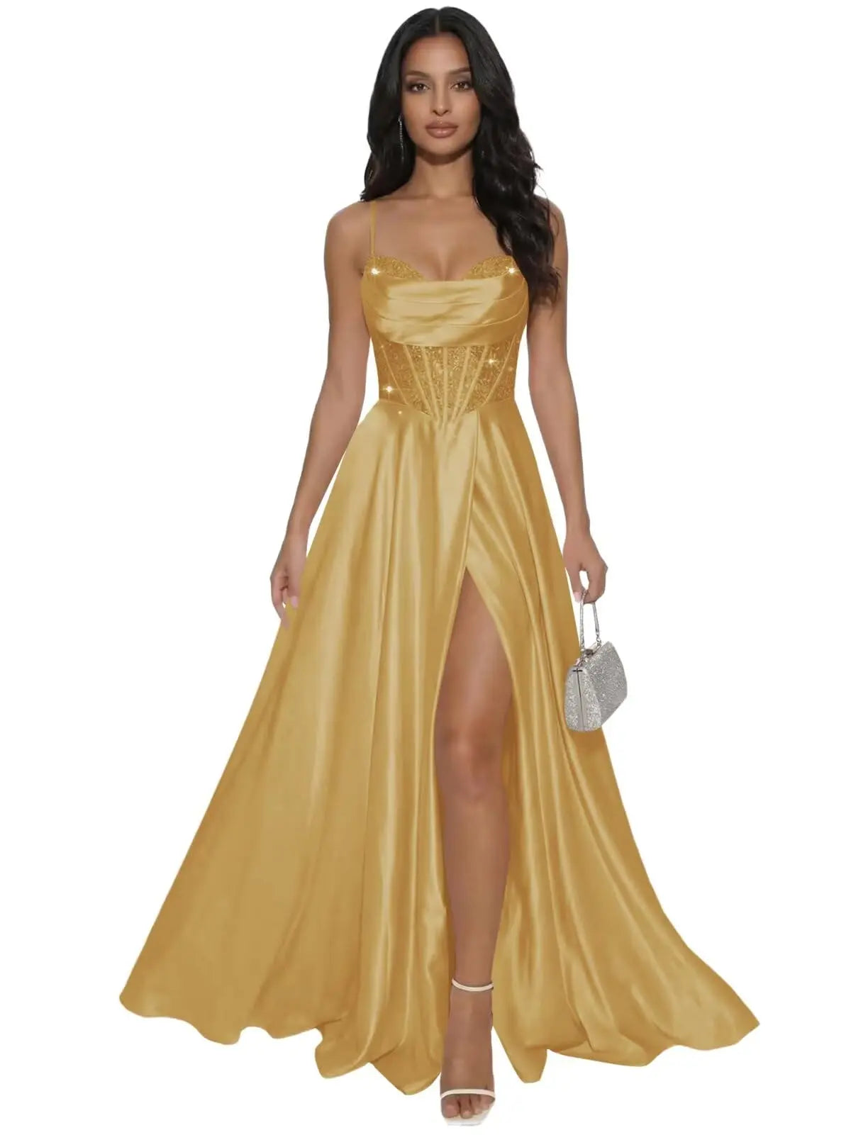Pleated Satin A Line Prom Dresses for Women Spaghetti Straps Sequin Corset Formal Dress with Slit Formal Dress Women Elegant