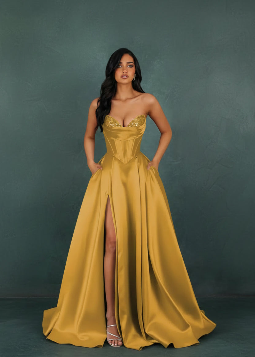Strapless Sequin Prom Dresses Long with Slit Satin Formal Party Dress