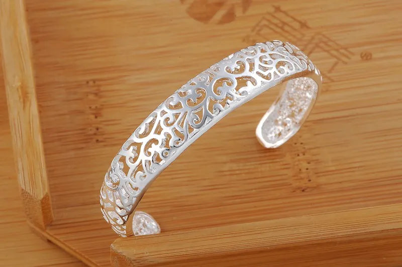 Fine 925 Sterling Silver Hollow Pattern Bangles Bracelets Adjustable