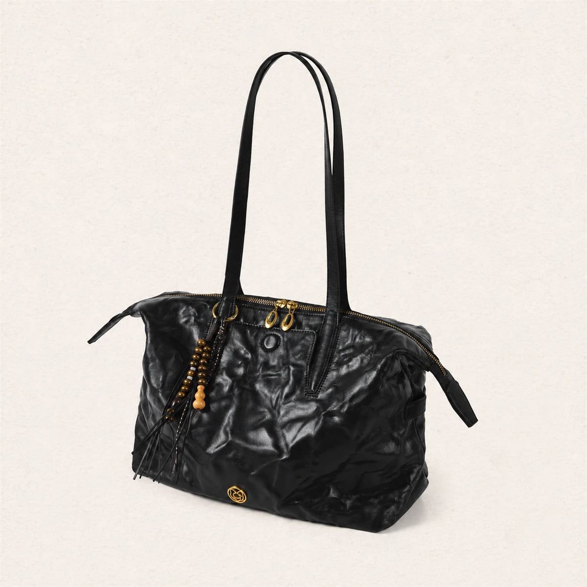 FOXER Crinkled Leather Tassel Tote Bag