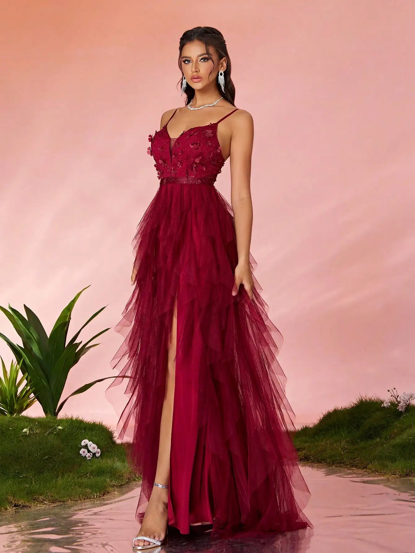 V-Neck Embroidered High Slit Maxi Dress