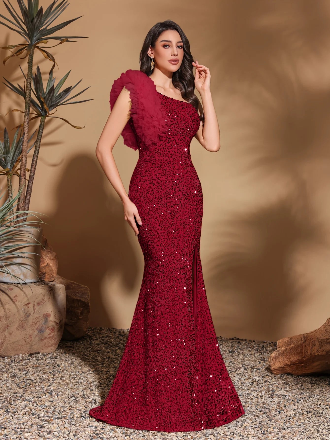 Sequined off-shoulder mesh splicing decorated slit dress