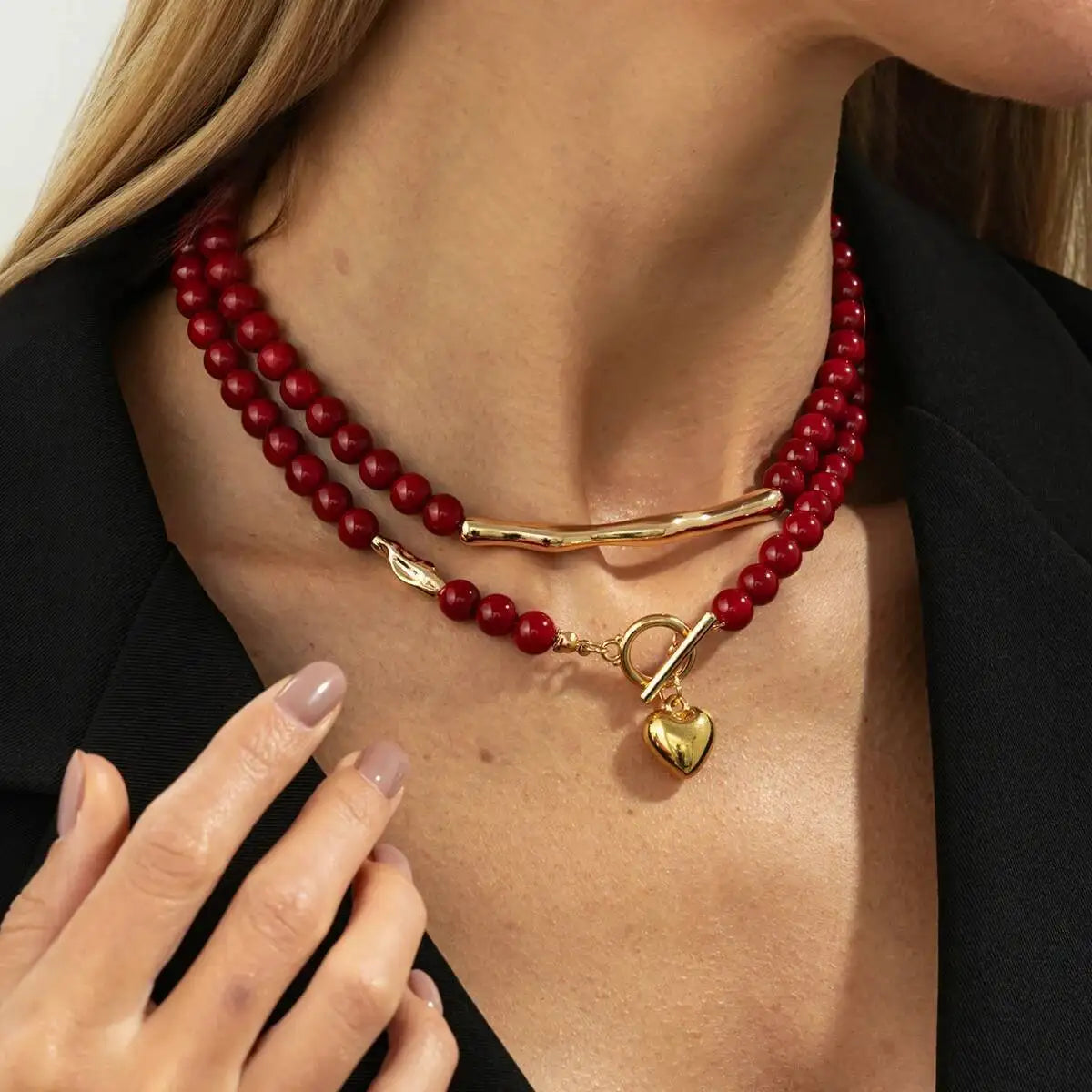 Red Heart Beaded Choker Necklace