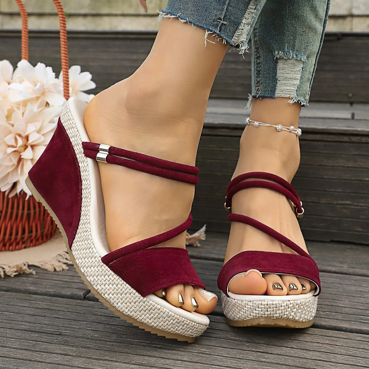 Leather Summer Wedge Female Large Size Mid-heeled Platform Black Comfortable Retro Sandals