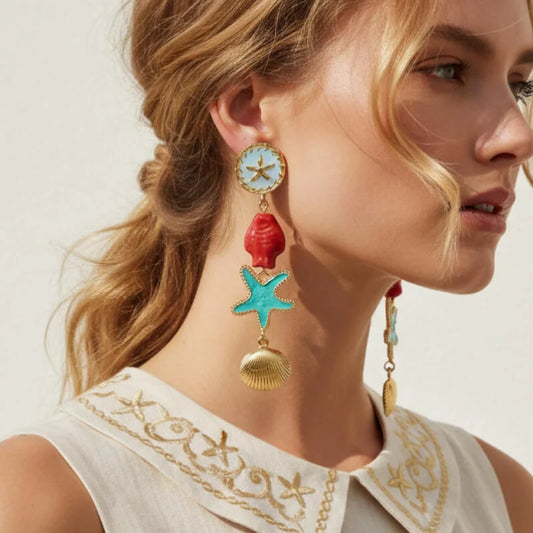 Boho Sea Star & Shell Ceramic Dangle Earrings