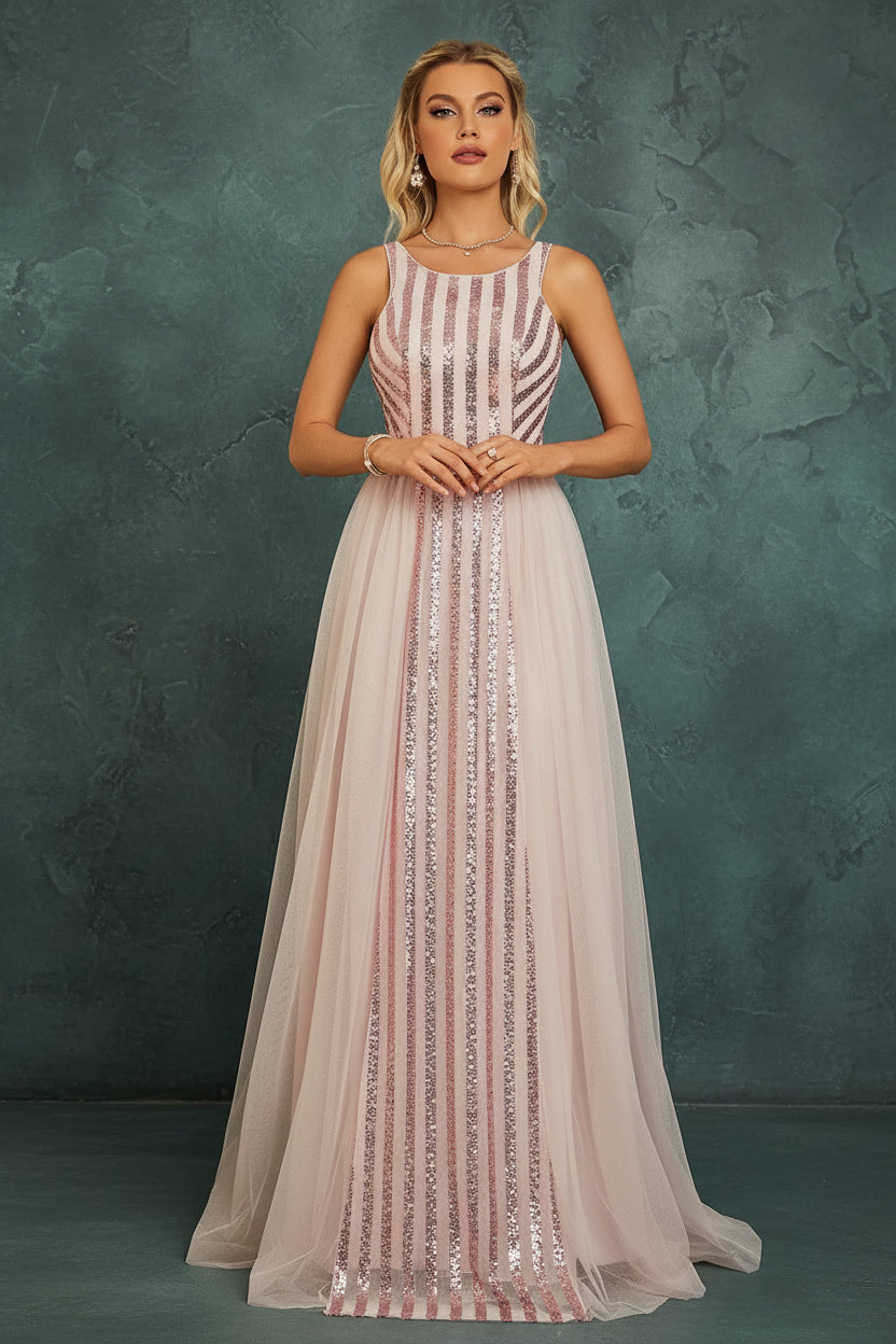 Sequin Mesh A-Line Evening Gown