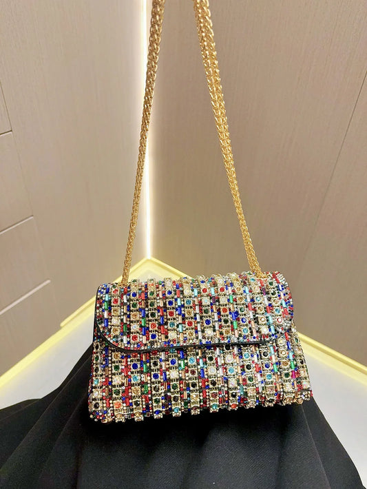 Full Rhinestone Evening Clutch Bag Luxury Leather Chain Handbag