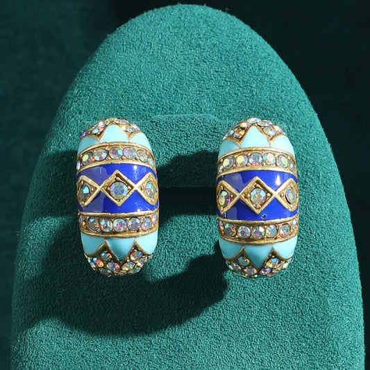 Vintage Luxury Designer Jewelry Enamel Blue Stud Earrings Quality Rhinestone Trend 2025 New Wedding Accessories Party For Woman