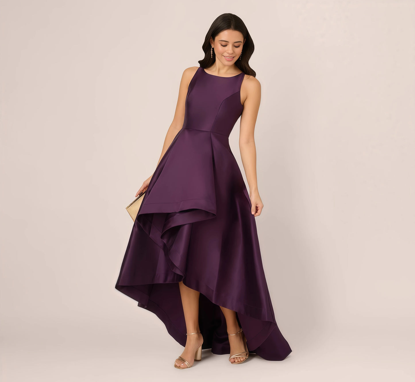 Women's Satin Hi-Low Prom Dress Sleeveless Round Neck A Line Formal Dress Elegance Evening Party Gown