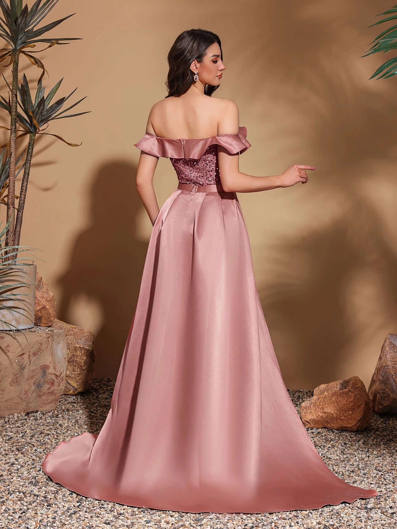 Sequined off-the-shoulder pleated collar satin floor-length dress