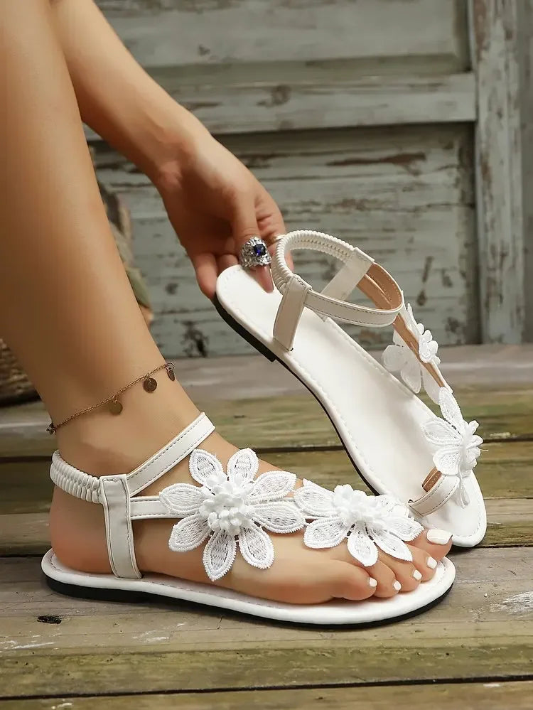 Summer Retro Elegant Sandals Floral Decorative Flat Bottom Sandals