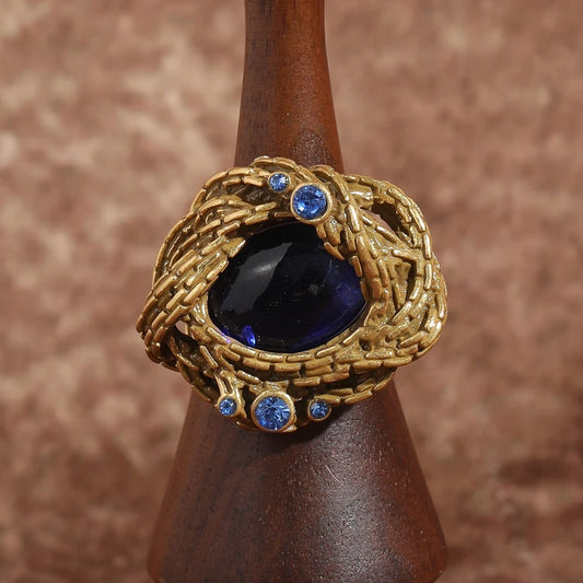 Vintage Ring Blue Sapphire Water Drop Natural Stone Antique Gold Color Crystal Tree Pattern Wrapped Retro Luxury Quality Jewelry