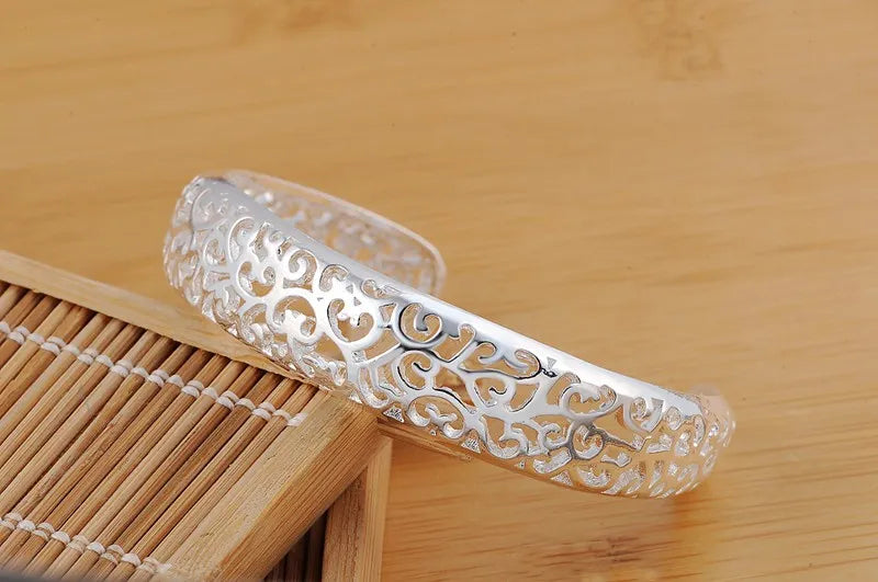 Fine 925 Sterling Silver Hollow Pattern Bangles Bracelets Adjustable