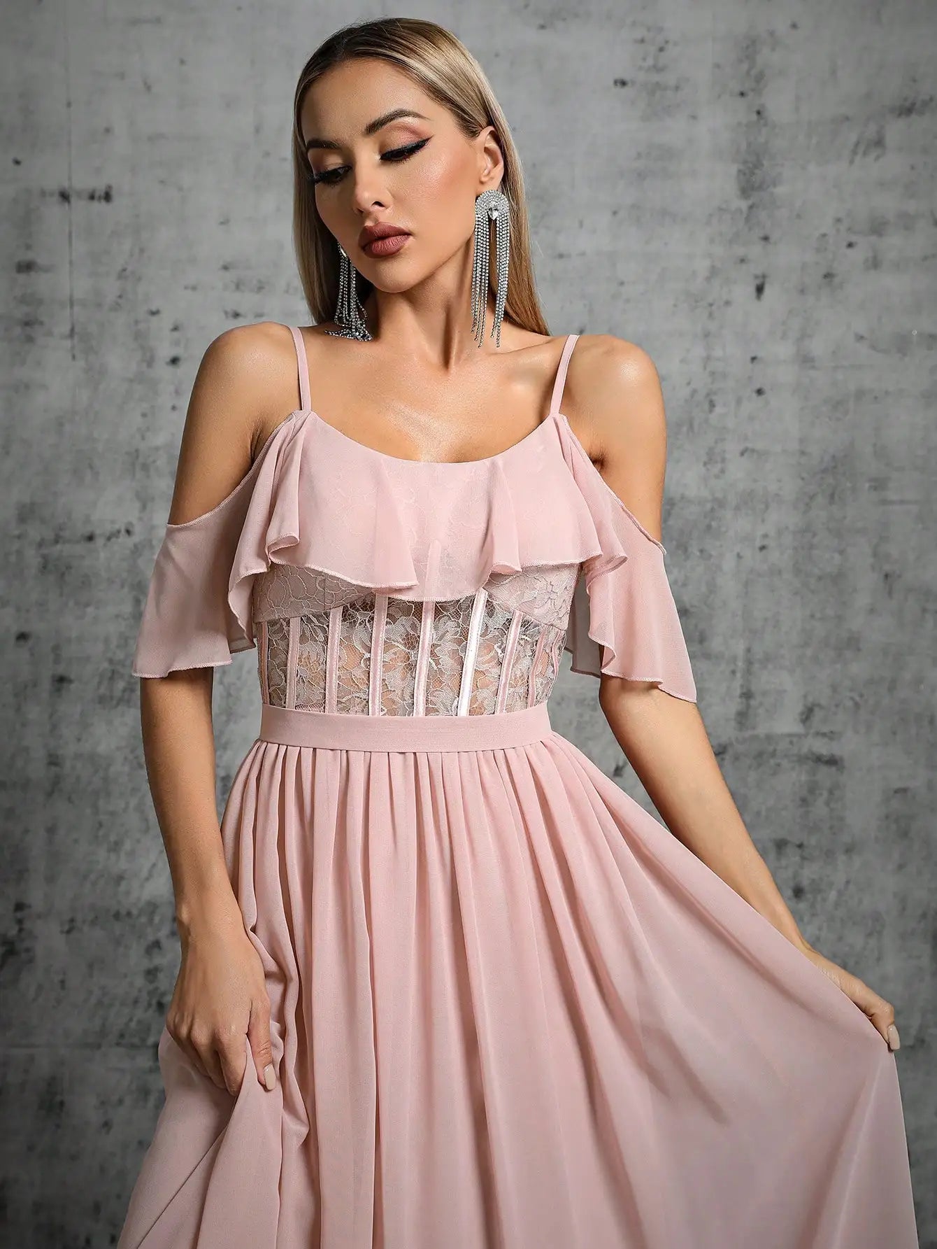 Lace Mesh Ruffle Sleeve Maxi Dress