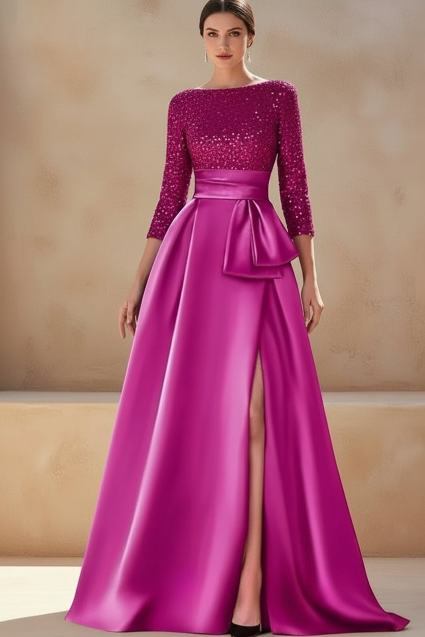 Long Sleeves Mother Of The Bride Dresses For Wedding Sparkly Sequin Ball Gowns Side Slit Satin Formal Party Prom Gown