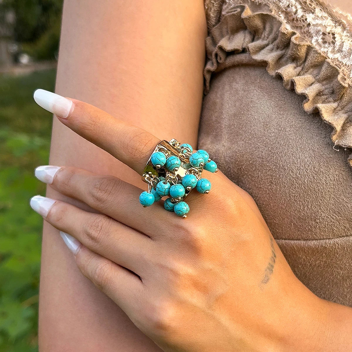KunJoe Vintage Colourful Natural Stone Beads Open Ring Women Bohemian Imitation Pearl Chunky Wide Finger Rings Party Accessories