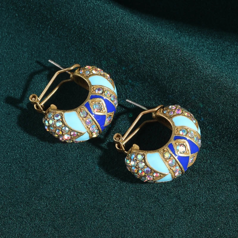 Vintage Luxury Designer Jewelry Enamel Blue Stud Earrings Quality Rhinestone Trend 2025 New Wedding Accessories Party For Woman