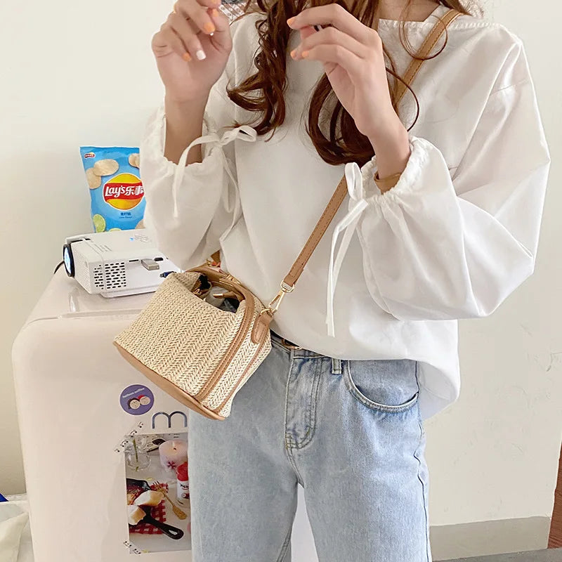 Summer Small Straw Handbag Shoulder Bag Woven Bucket Crossbody