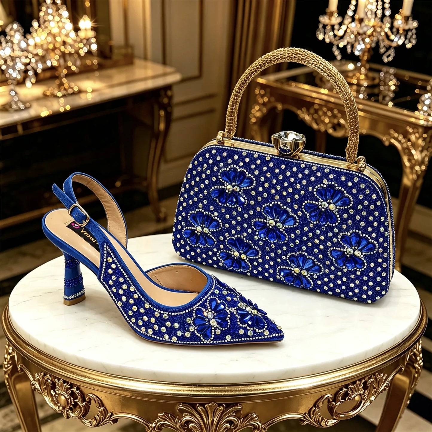 Gold Pointed Toe Rhinestone Heels & Bag Set, Sparkly