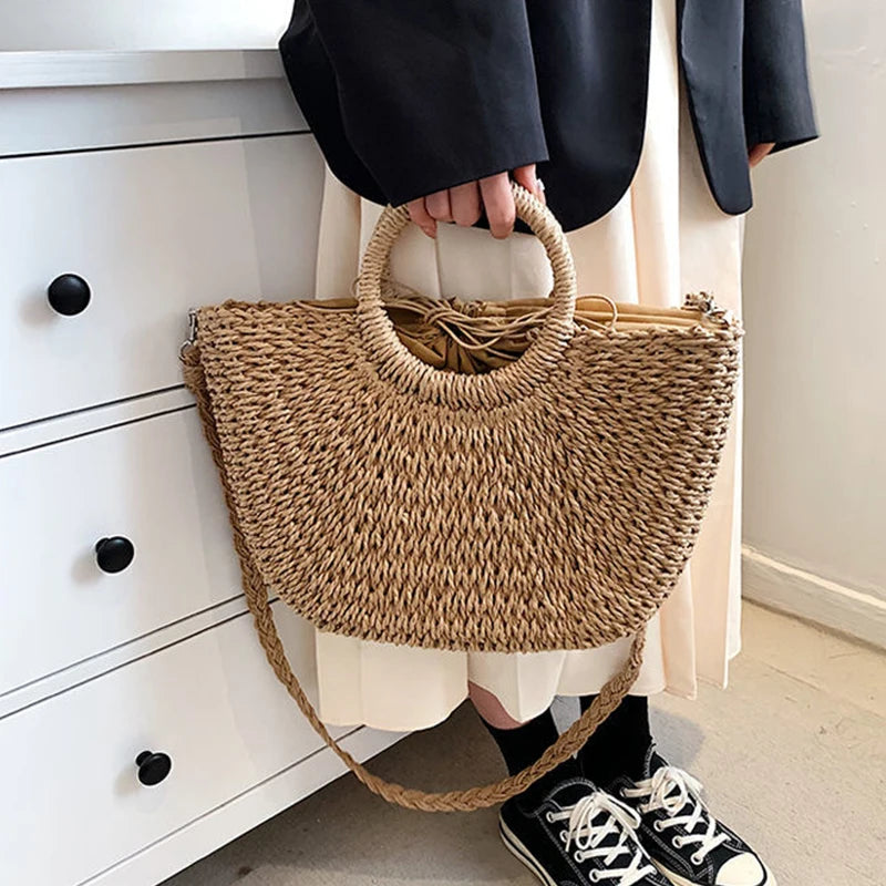 Handwoven Straw Beach Tote Bag