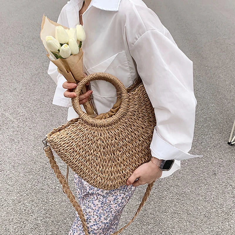 Handwoven Straw Beach Tote Bag