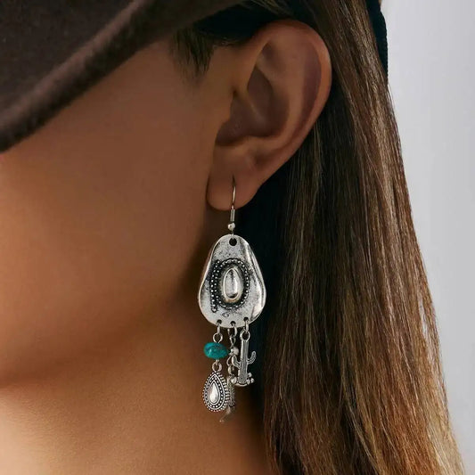 Vintage Cowboy Hat Boots Cactus Pendant Earrings Ethnic Waterdrop