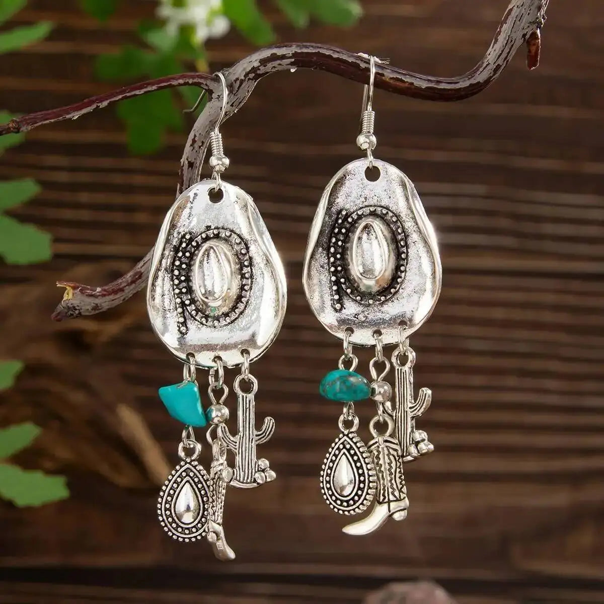 Vintage Cowboy Hat Boots Cactus Pendant Earrings Ethnic Waterdrop