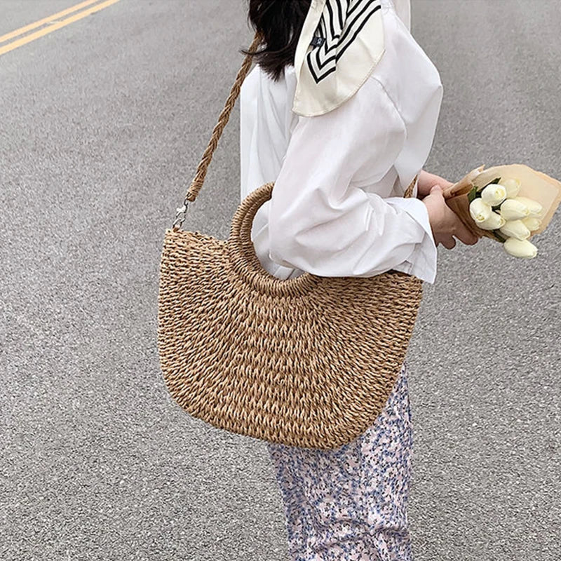 Handwoven Straw Beach Tote Bag