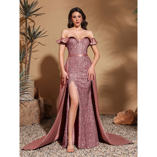 Sequined off-the-shoulder pleated collar satin floor-length dress