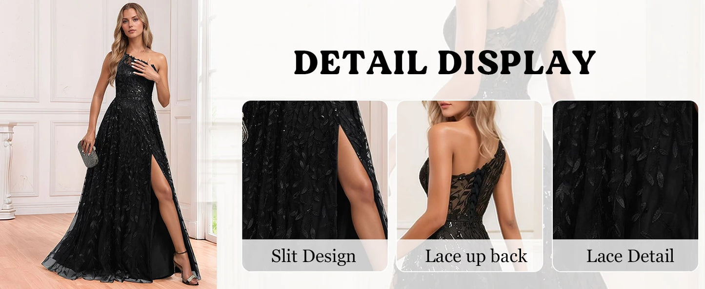 One Shoulder Lace Prom Dress with Slit