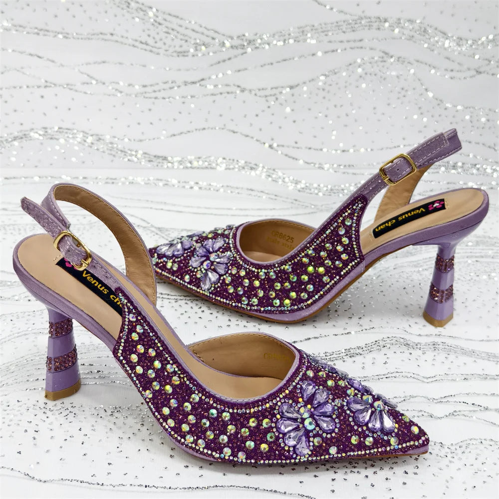 Gold Pointed Toe Rhinestone Heels & Bag Set, Sparkly