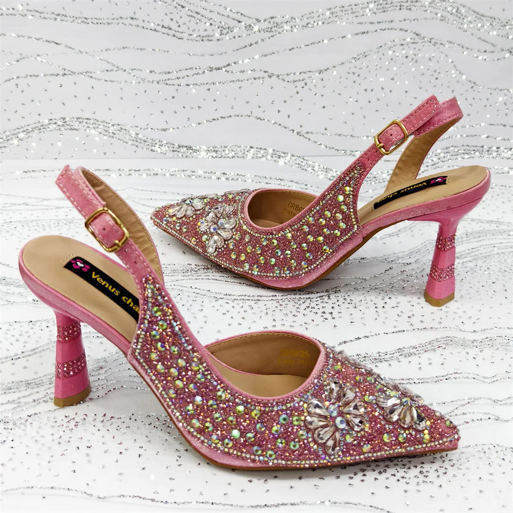Gold Pointed Toe Rhinestone Heels & Bag Set, Sparkly