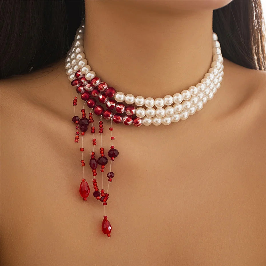 Gothic Red Crystal Tassel Necklace