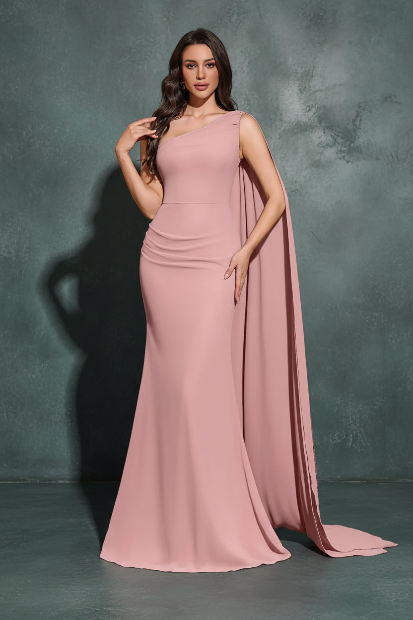 One-shoulder Long Ribbon Hip-hugging Chiffon Dress