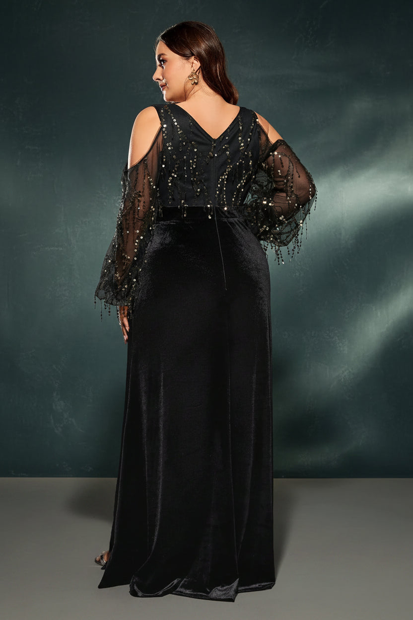 Deep V Cross Neck Off-the-shoulder Sequin Splicing Velvet Irregular Lotus Leaf Matching Slit Dress