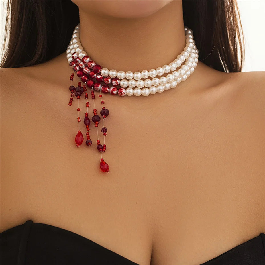 Gothic Red Crystal Tassel Necklace