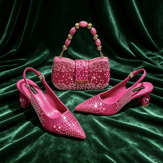Hot Fuchsia Full Rhinestone Slingback Heels Matching Clutch Bag