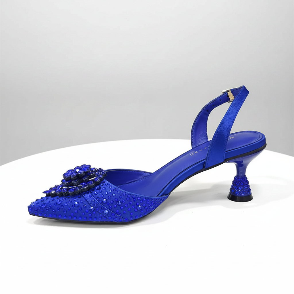 Blue Color Rhinestone Comfortable High Heel Shoe and Bag