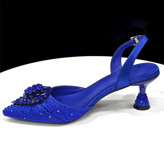 Blue Color Rhinestone Comfortable High Heel Shoe and Bag