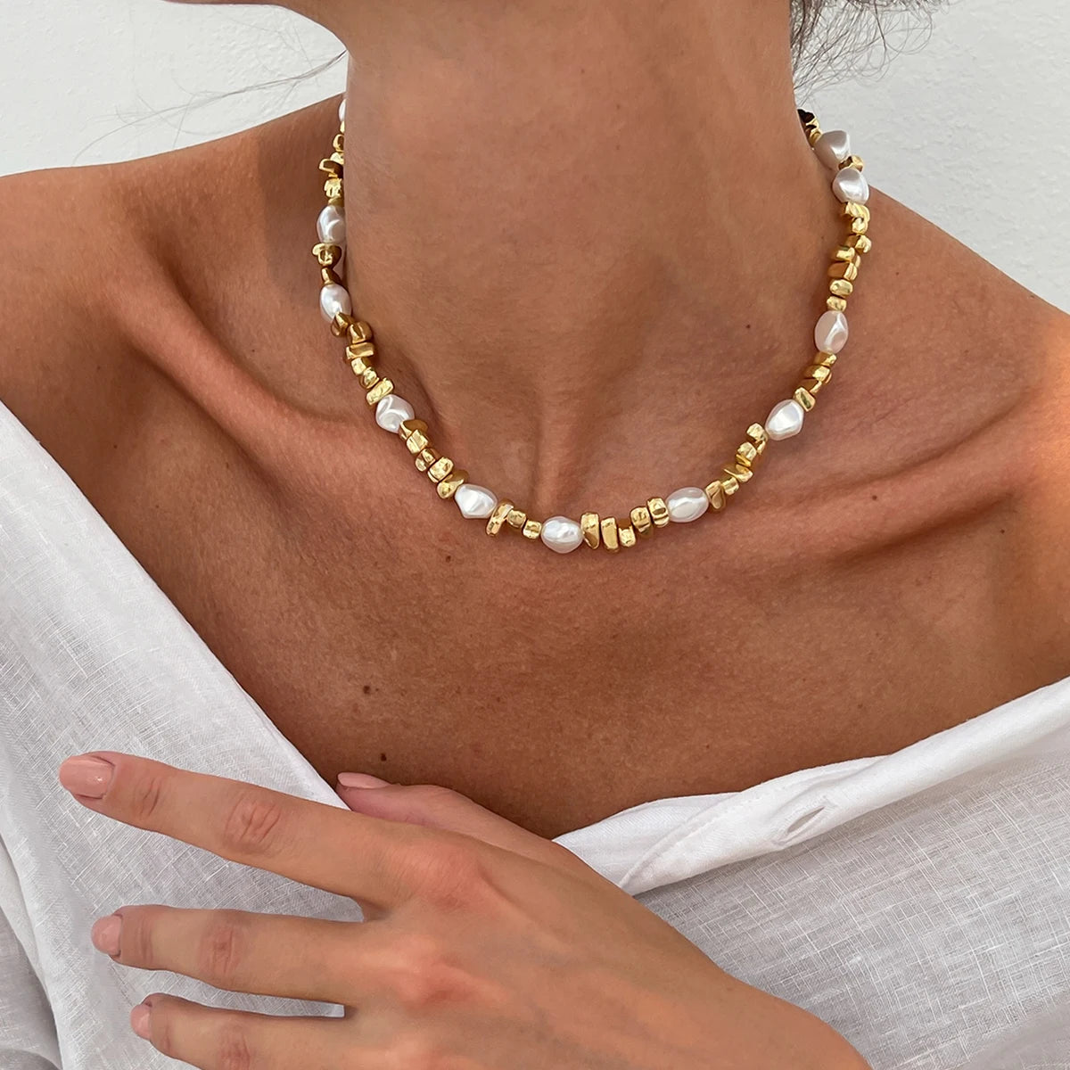 Pearl Beaded Gold Choker Necklace