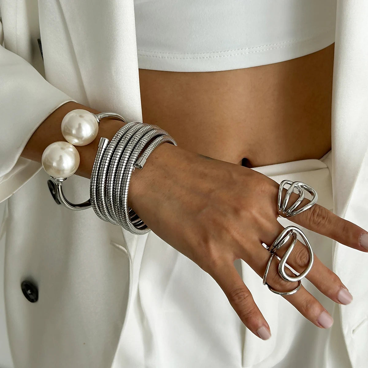 Punk Multilayer Snake Chain Open Spring Bangles Boho Large Imitation Pearl Cuff Bangles Bracelet
