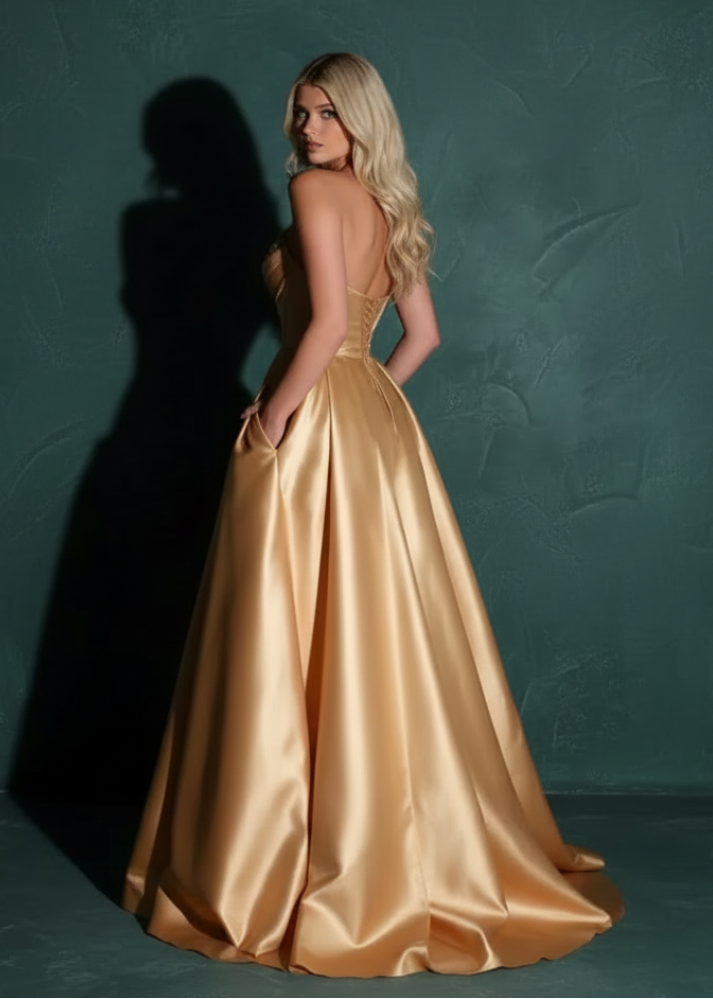 Strapless Sequin Prom Dresses Long with Slit Satin Formal Party Dress